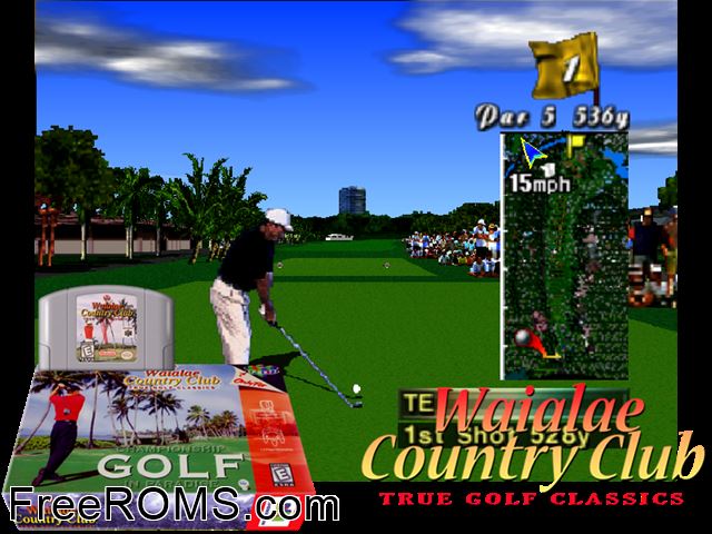 Waialae Country Club - True Golf Classics N64 game showing 3D box cover and gameplay screenshot