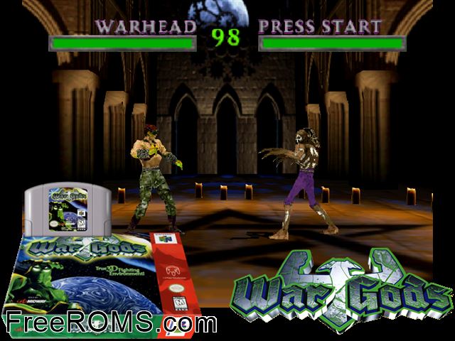 War Gods N64 game showing 3D box cover and gameplay screenshot
