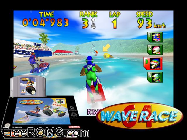 Wave Race 64 N64 game showing 3D box cover and gameplay screenshot