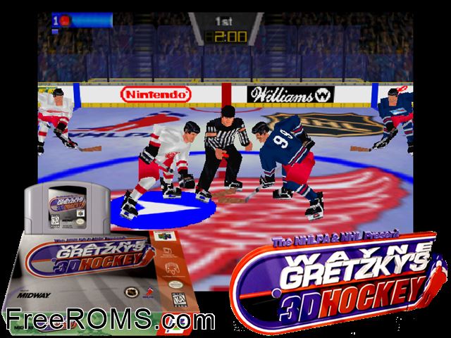 Wayne Gretzky's 3D Hockey N64 game showing 3D box cover and gameplay screenshot