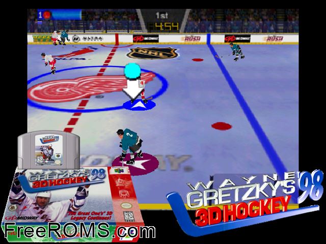 Wayne Gretzky's 3D Hockey '98 N64 game showing 3D box cover and gameplay screenshot