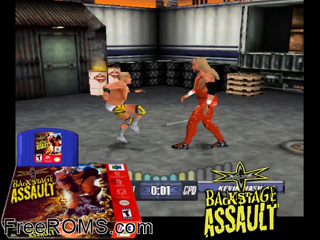 WCW Backstage Assault N64 game showing 3D box cover and gameplay screenshot