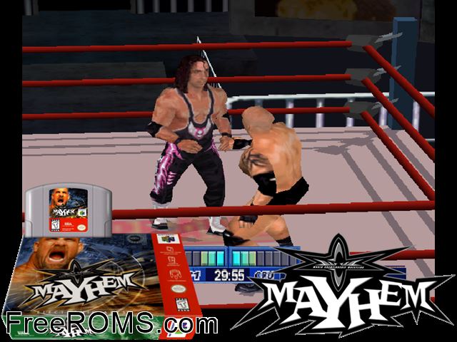 WCW Mayhem N64 game showing 3D box cover and gameplay screenshot