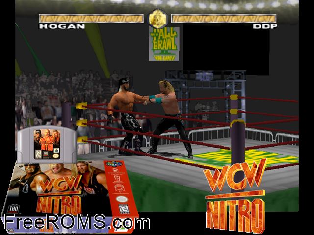 WCW Nitro 64 N64 game showing 3D box cover and gameplay screenshot