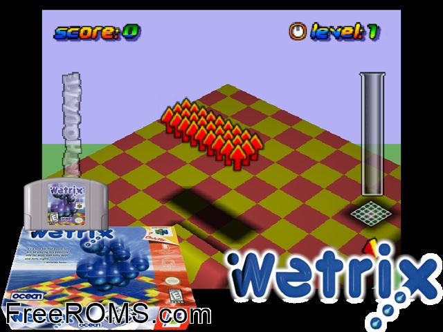 Wetrix N64 game showing 3D box cover and gameplay screenshot