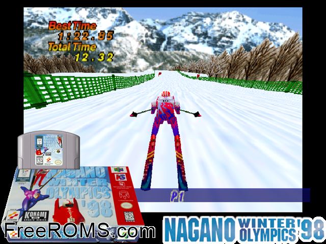 Winter Olympics 98 N64 game showing 3D box cover and gameplay screenshot