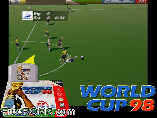 World Cup 98 N64 game showing 3D box cover and gameplay screenshot