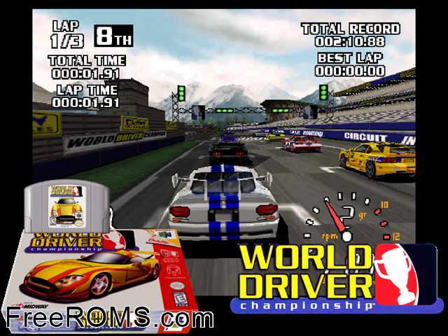 World Driver Championship N64 game showing 3D box cover and gameplay screenshot