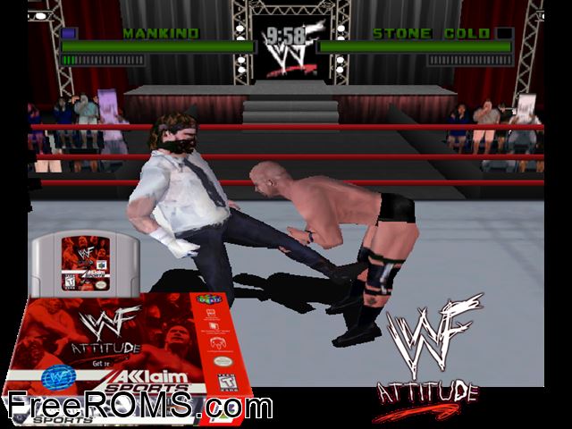 WWF Attitude N64 game showing 3D box cover and gameplay screenshot