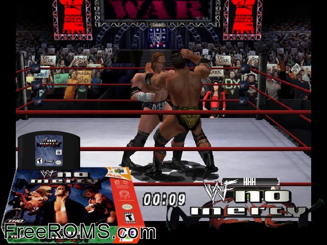 WWF No Mercy N64 game showing 3D box cover and gameplay screenshot