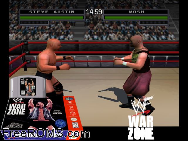 WWF - War Zone N64 game showing 3D box cover and gameplay screenshot