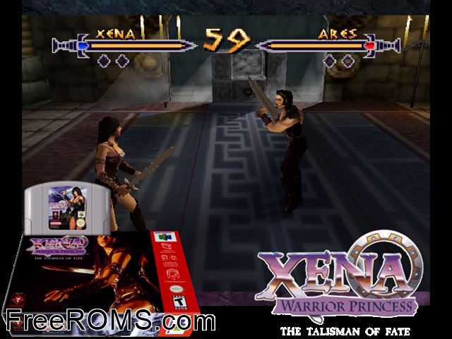 Xena Warrior Princess - The Talisman of Fate N64 game showing 3D box cover and gameplay screenshot