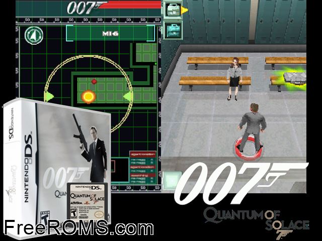 007 Quantum of Solace NDS game showing 3D box cover and gameplay screenshot