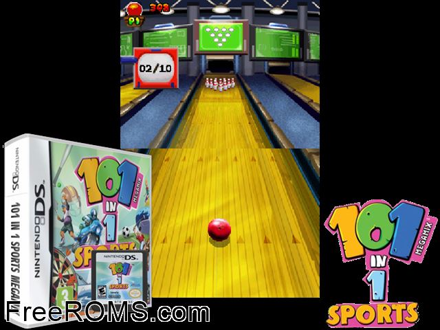 101-in-1 Megamix Sports Europe NDS game showing 3D box cover and gameplay screenshot