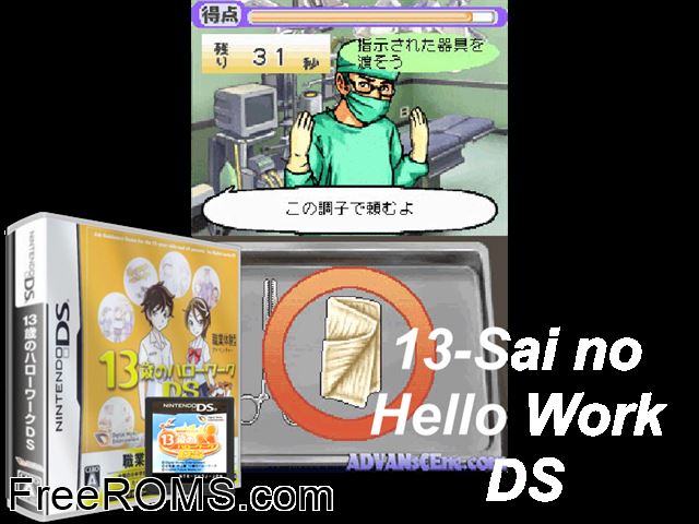 13 Sai no Hello Work DS Japan NDS game showing 3D box cover and gameplay screenshot
