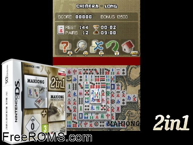 2 in1 Mahjong Europe NDS game showing 3D box cover and gameplay screenshot