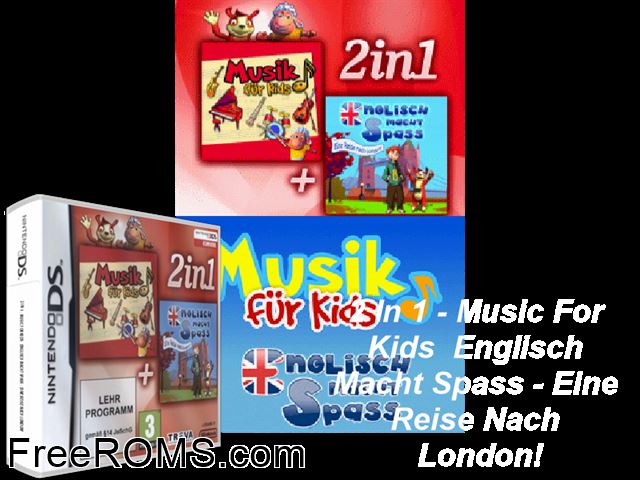 2 in 1 - Musik fuer Kids and Englisch Macht Spass NDS game showing 3D box cover and gameplay screenshot