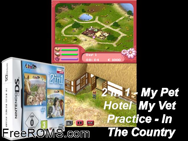 2 in 1 My Pet Hotel and My Vet Practice in the Country Europe NDS game showing 3D box cover and gameplay screenshot