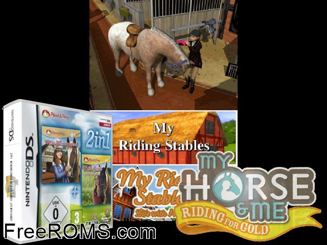 2 in 1 My Riding Stables And My Western Horse Europe NDS game showing 3D box cover and gameplay screenshot