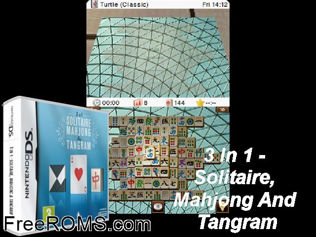 3 in 1 - Solitaire Mahjong and Tangram Europe NDS game showing 3D box cover and gameplay screenshot