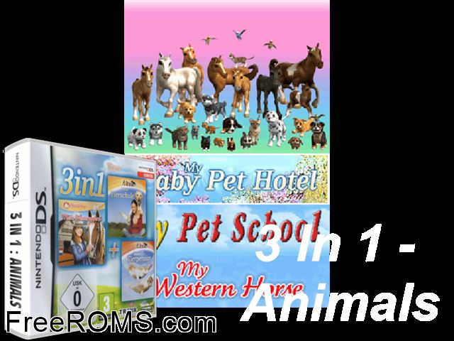 3 in 1 Animals Europe NDS game showing 3D box cover and gameplay screenshot