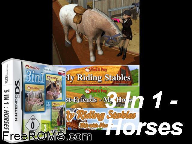 3 in 1 Horses Europe NDS game showing 3D box cover and gameplay screenshot