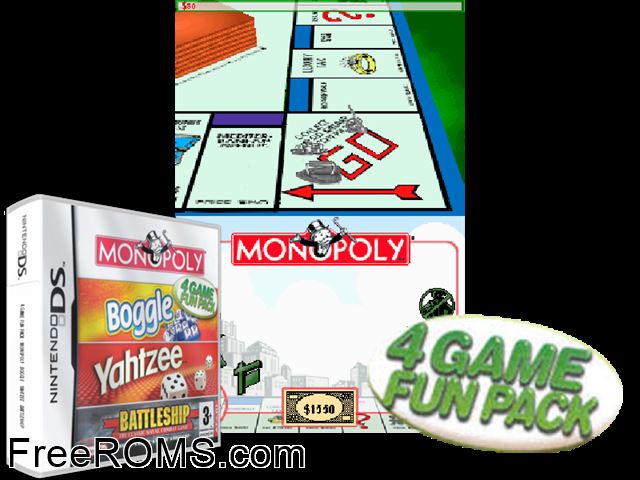 4 Game Fun Pack - Monopoly + Boggle + Yahtzee + Battleship NDS game showing 3D box cover and gameplay screenshot