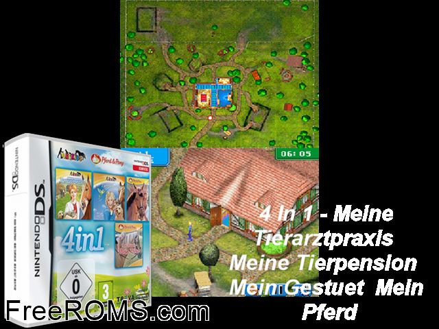 4 in 1 - Meine Tierarztpraxis - Meine Tierpension - Mein Gestuet - Mein Pferd Germany NDS game showing 3D box cover and gameplay screenshot