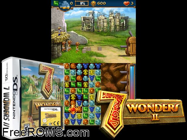 7 Wonders II NDS game showing 3D box cover and gameplay screenshot