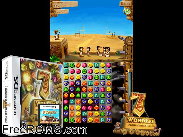 7 Wonders of the Ancient World NDS game showing 3D box cover and gameplay screenshot