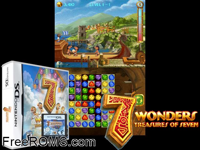 7 Wonders Treasures of Seven NDS game showing 3D box cover and gameplay screenshot