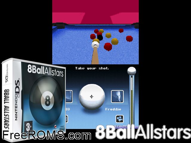 8Ball Allstars Europe NDS game showing 3D box cover and gameplay screenshot