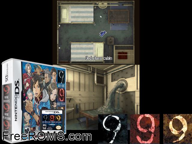 9 Hours 9 Persons 9 Doors NDS game showing 3D box cover and gameplay screenshot