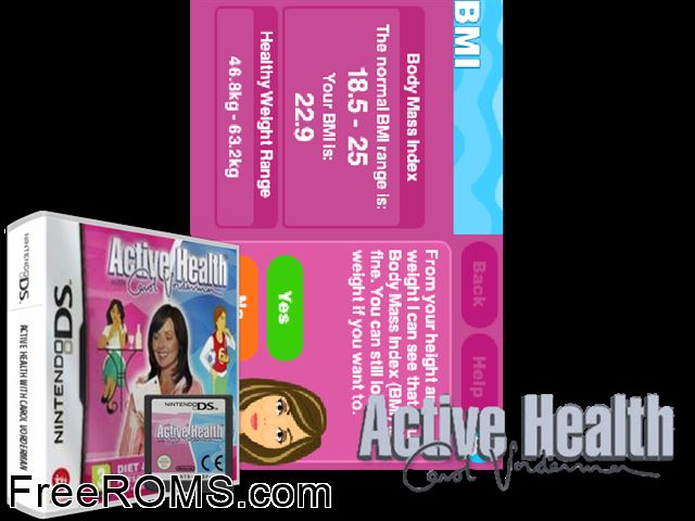 Active Health with Carol Vorderman Europe NDS game showing 3D box cover and gameplay screenshot