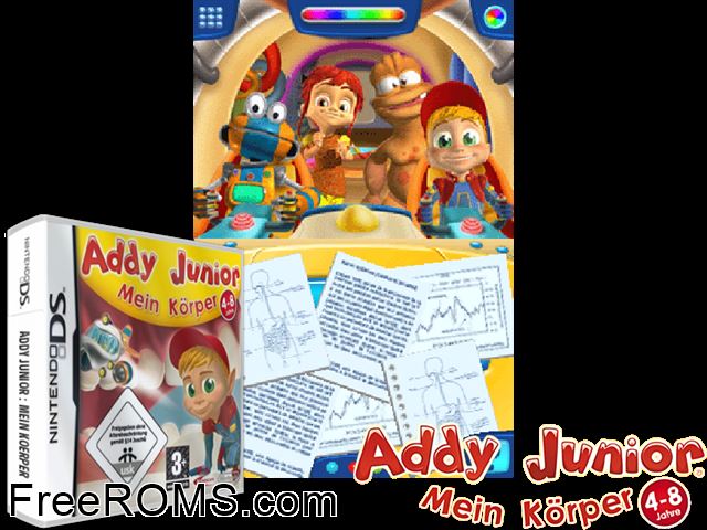 Addy Junior - Mein Koerper Germany NDS game showing 3D box cover and gameplay screenshot