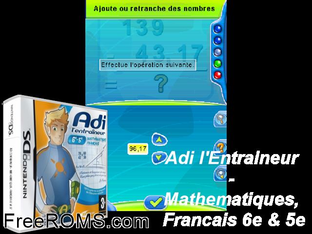 Adi lEntraineur - 6eme and 5eme - Mathematiques Francais France NDS game showing 3D box cover and gameplay screenshot