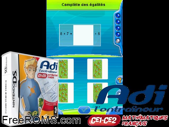 Adi lEntraineur - CE1-CE2 - Mathematiques Francais France NDS game showing 3D box cover and gameplay screenshot