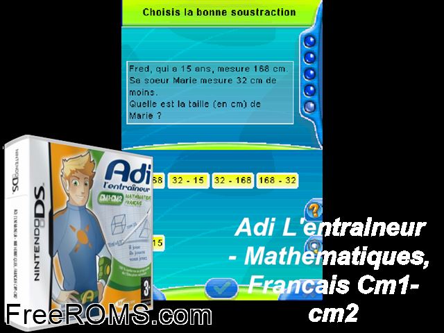 Adi lEntraineur - CM1-CM2 - Mathematiques Francais France NDS game showing 3D box cover and gameplay screenshot
