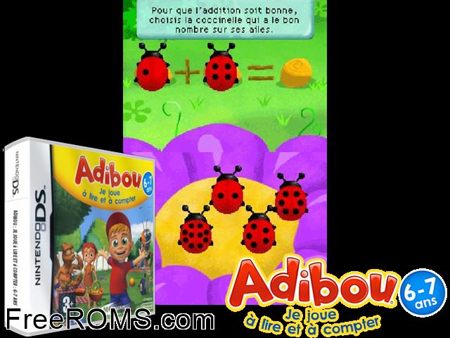 Adibou - Je Joue a Lire et a Compter France NDS game showing 3D box cover and gameplay screenshot