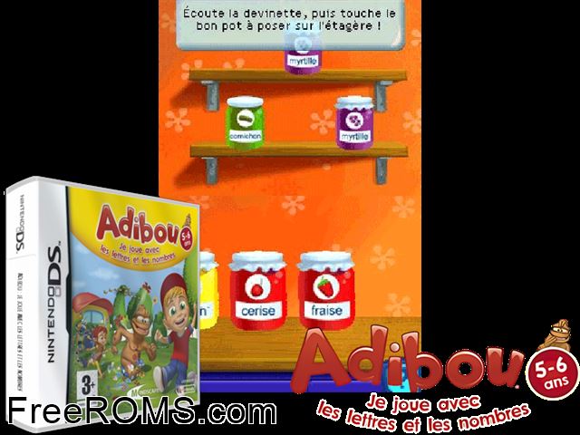 Adibou - Je Joue avec les Lettres et les Nombres France NDS game showing 3D box cover and gameplay screenshot
