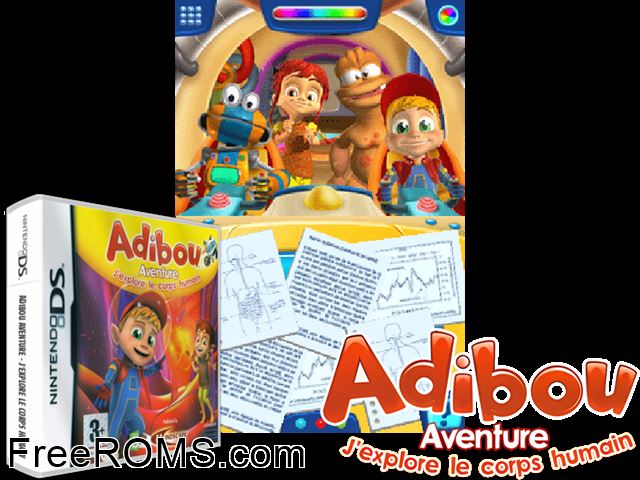 Adibou Aventure - JExplore le Corps Humain France NDS game showing 3D box cover and gameplay screenshot