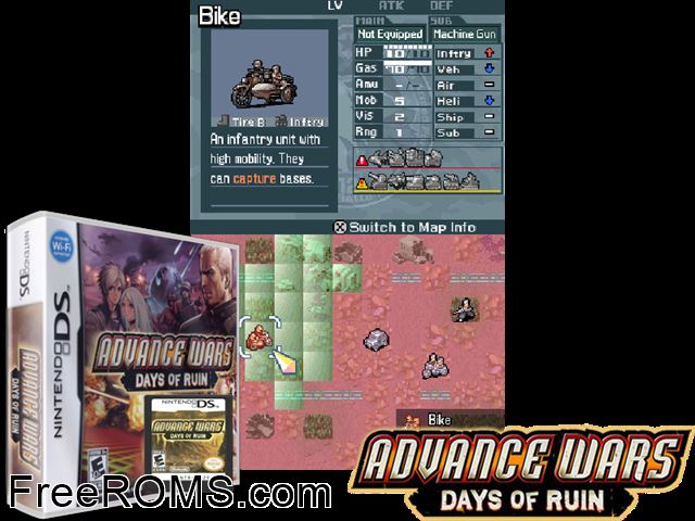 Advance Wars Days of Ruin NDS game showing 3D box cover and gameplay screenshot