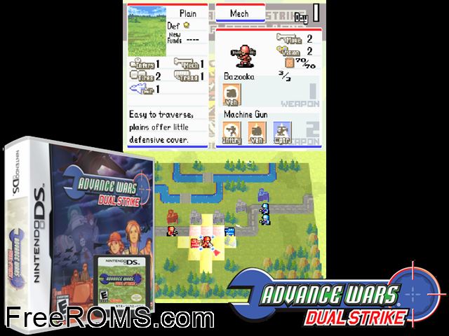 Advance Wars Dual Strike NDS game showing 3D box cover and gameplay screenshot