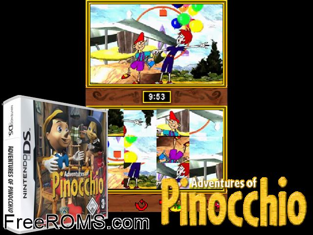 Adventures of Pinocchio Europe NDS game showing 3D box cover and gameplay screenshot