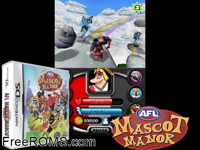 AFL Mascot Manor Europe NDS game showing 3D box cover and gameplay screenshot