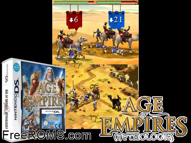 Age of Empires - Mythologies NDS game showing 3D box cover and gameplay screenshot