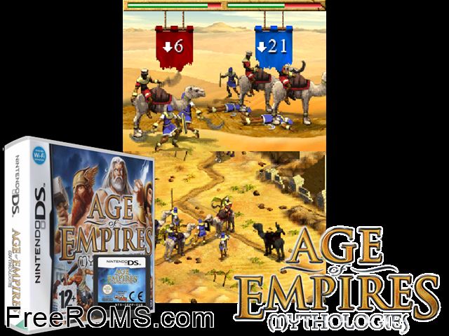 Age of Empires - Mythologies Europe NDS game showing 3D box cover and gameplay screenshot