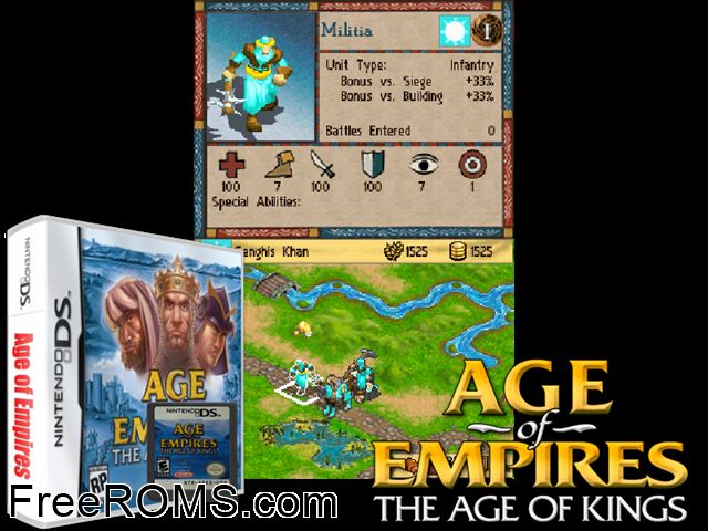 Age of Empires - The Age of Kings NDS game showing 3D box cover and gameplay screenshot