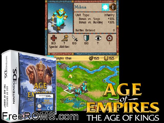 Age of Empires - The Age of Kings Europe NDS game showing 3D box cover and gameplay screenshot