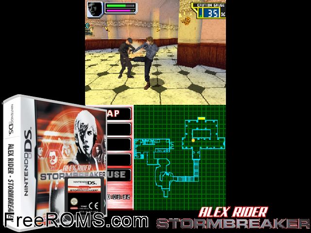 Alex Rider - Stormbreaker NDS game showing 3D box cover and gameplay screenshot